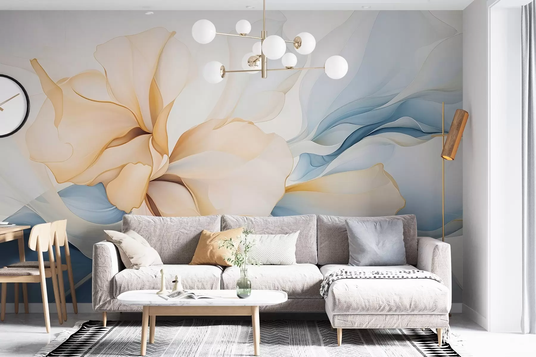 Fototapet Tekoucí abstraktní květinové okvětní lístky průsvitných a vrstvených tvarů v pastelových barvách, v broskvových a modrých odstínech w08701