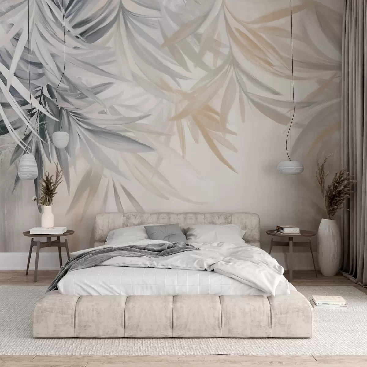 Fototapet Měkké, splývavé světlé tropické listy v odstínech šedé a broskvové barvy, které přecházejí do světlého, neutrálního potisku w08703