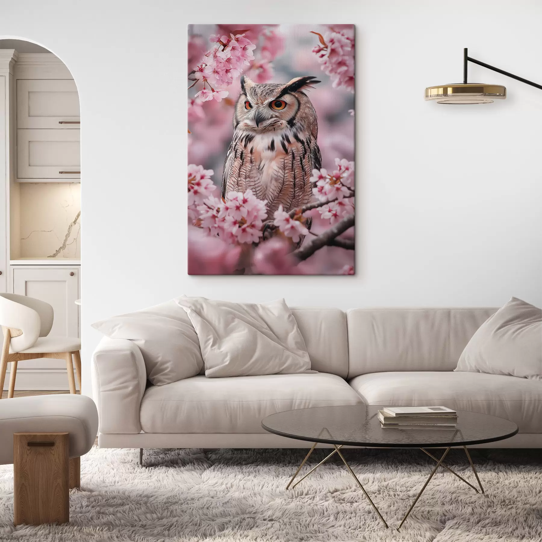 Obraz Krásná sova na větvi třešně, příroda, realismus Č. s42784