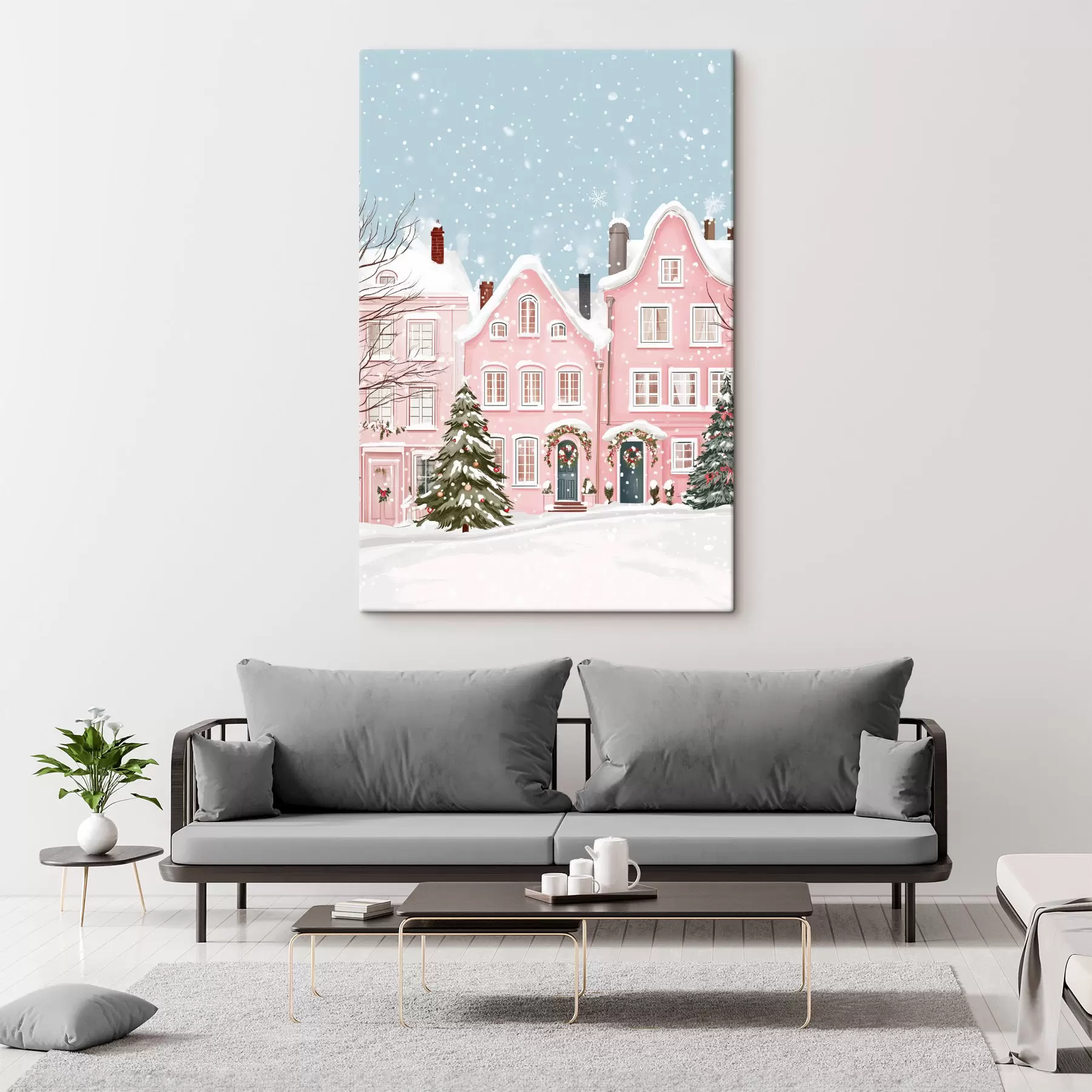 Obraz Krásné město s roztomilými růžovými domy, zimní estetikou, sněhovými vločkami  Č. s42793