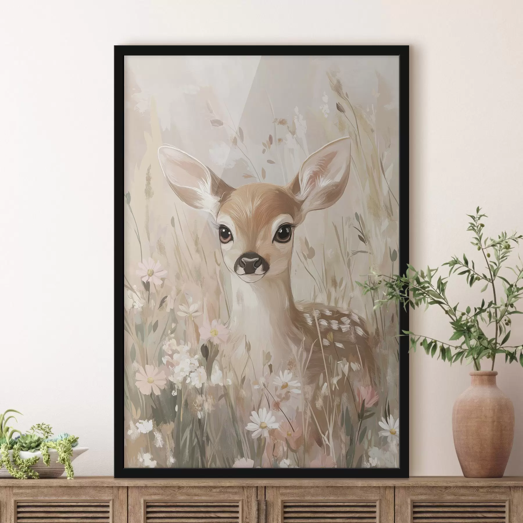 Fototapet Malá srnka na letní louce, kresba akrylem, pastelově růžové a béžové barvy f42781