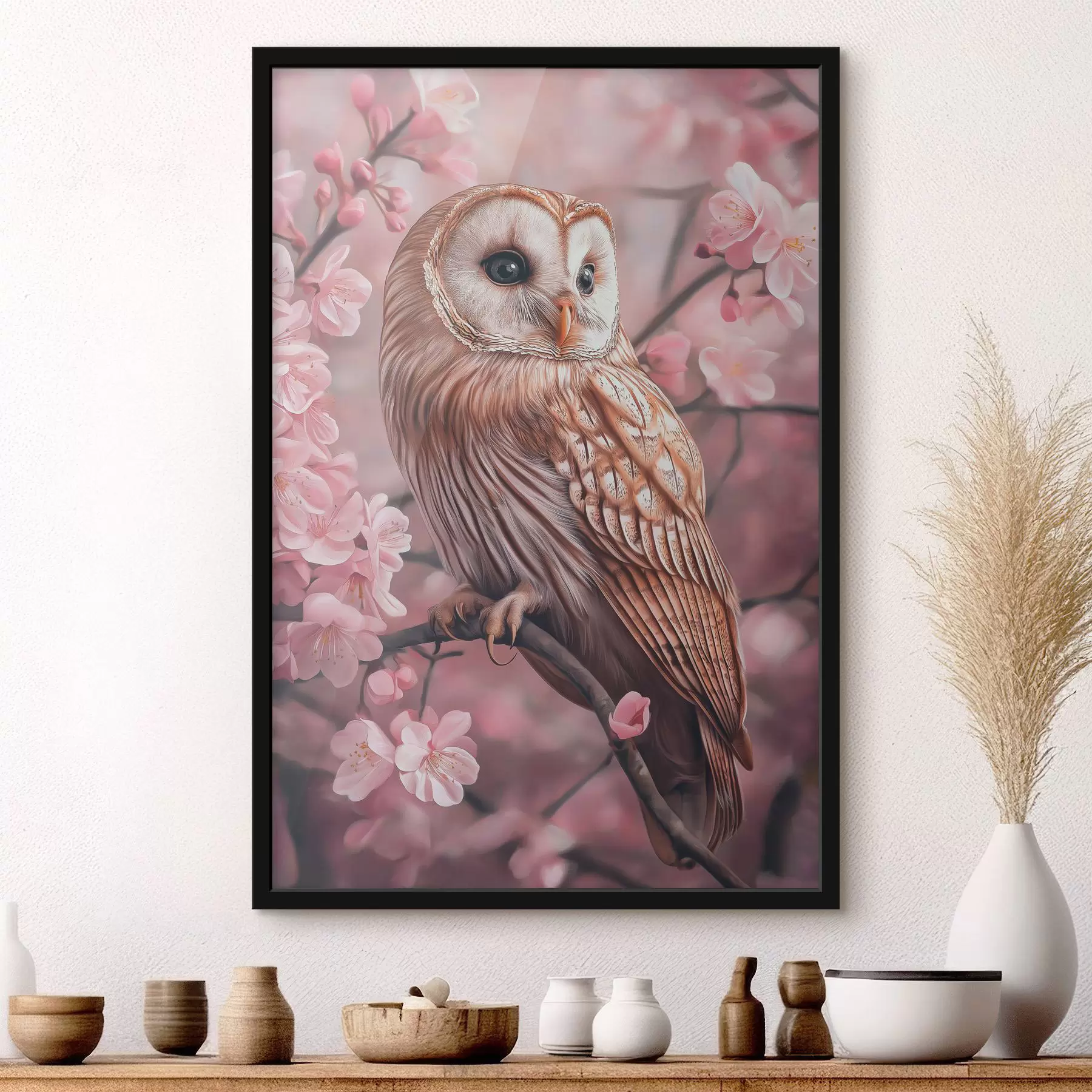 Fototapet Sova na třešni, růžové květy, realismus, příroda f42785