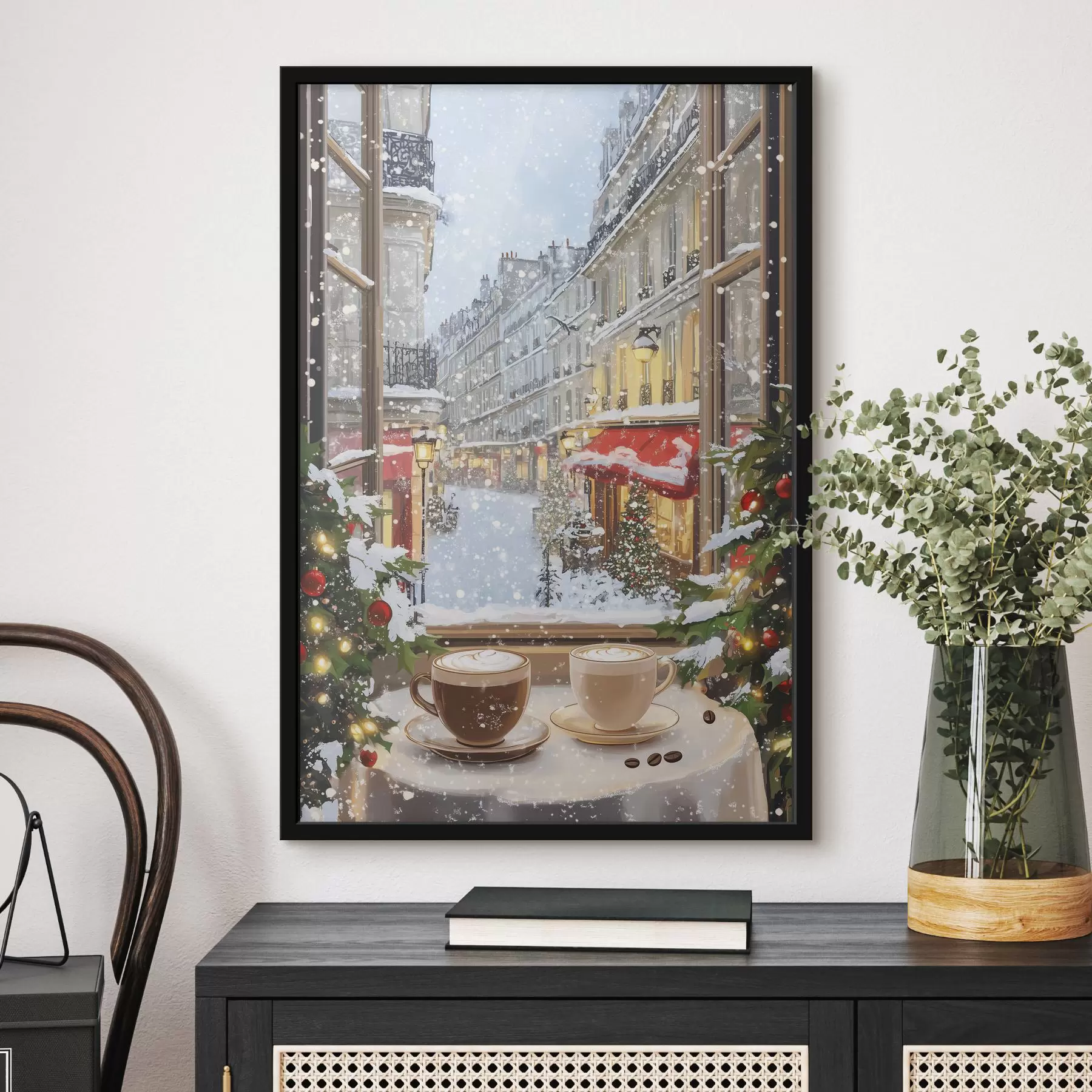 Fototapet Útulná zimní kavárna, šálky kávy, akrylový styl, stará městská architektura f42795