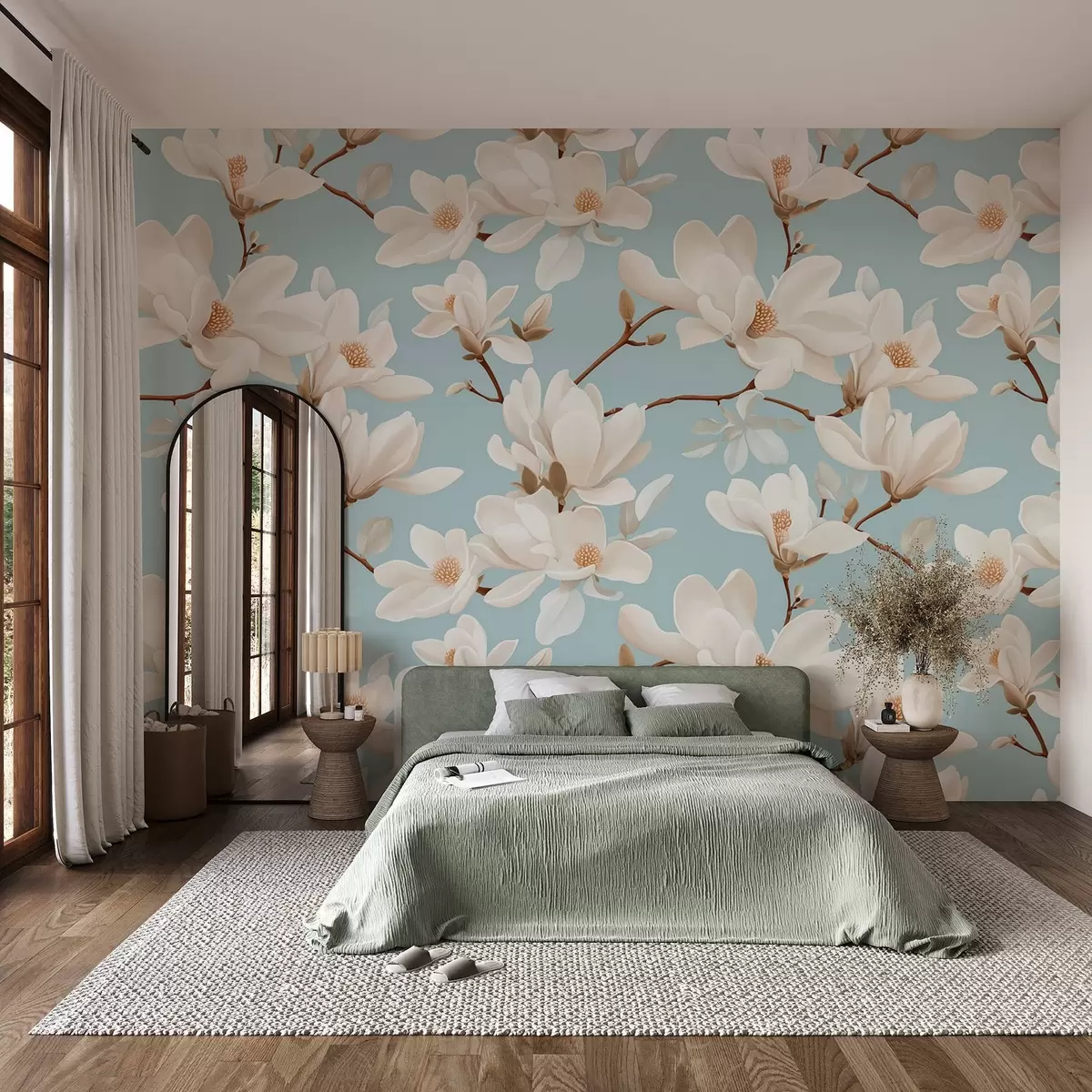 Fototapet Vzor bílých květů magnólie, pastelově modré pozadí, bílé listy a větve w08726