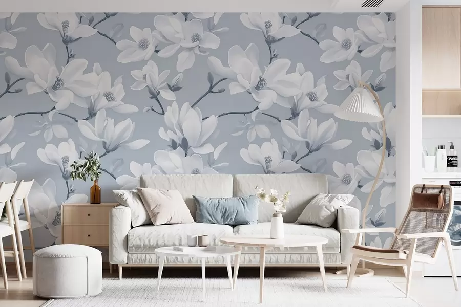Fototapet Vzor bílých květů magnólie ve světle modrých odstínech, bílé listy a větve w08726v2