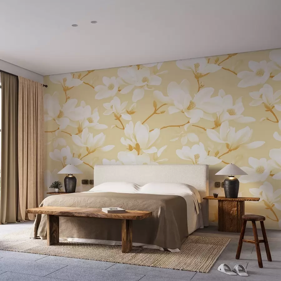 Fototapet Vzor bílých květů magnólie ve žlutých odstínech, bílé listy a větve w08726v3