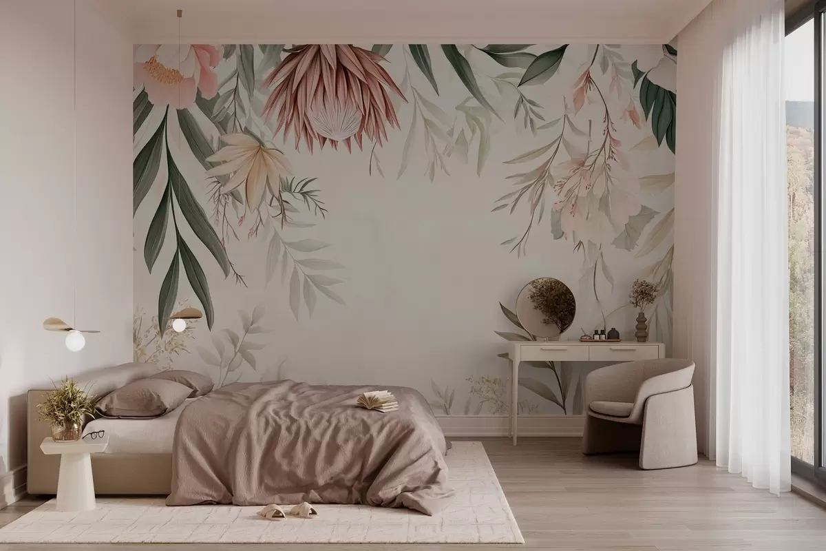 Fototapet Květ protey mezi různými listy a rostlinami v teplých béžových a zelených tónech w03019