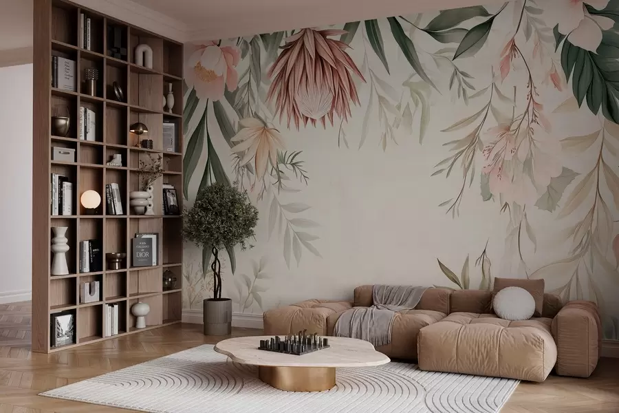 Fototapet Květ protey mezi různými listy a rostlinami v teplých béžových a zelených tónech w03019