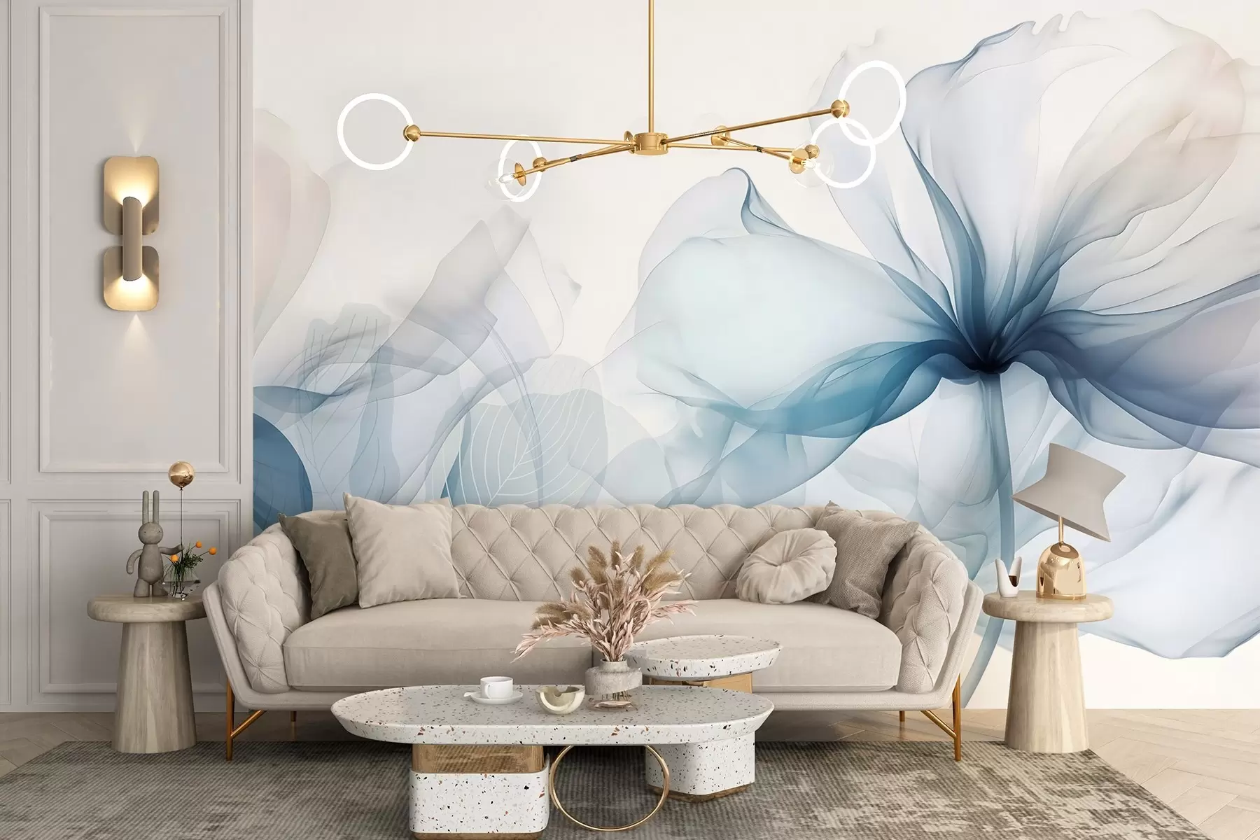 Fototapet Modré abstraktní květiny s jemnými, průsvitnými splývajícími okvětními lístky a jemnými detaily na bílém pozadí w08742