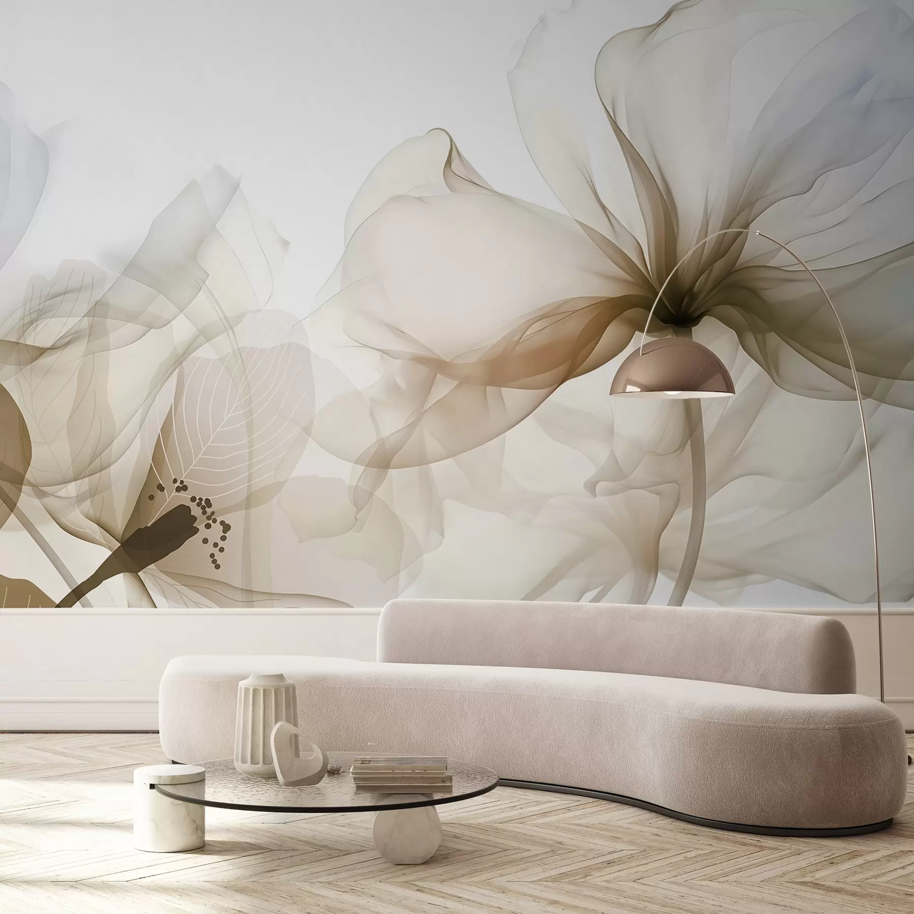 Fototapet Hnědé abstraktní květiny s jemnými, průsvitnými splývajícími okvětními lístky a jemnými detaily na bílém pozadí w08742v1