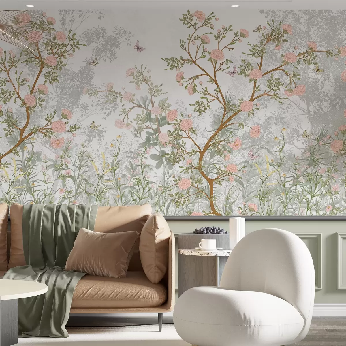 Fototapet Jemně růžově kvetoucí stromy, poletující motýli a zelené listy propletené štíhlými větvemi  w08744