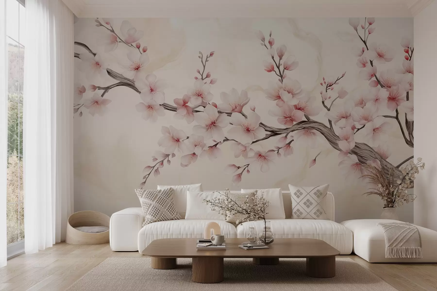 Fototapet Křehká třešňová větvička s jemnými růžovými květy na světlém pozadí w03079