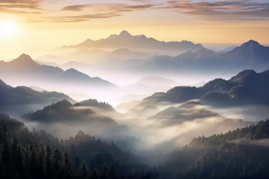 Fototapet Klidná horská krajina za úsvitu, kdy borovice zahaluje jemná mlha w08748