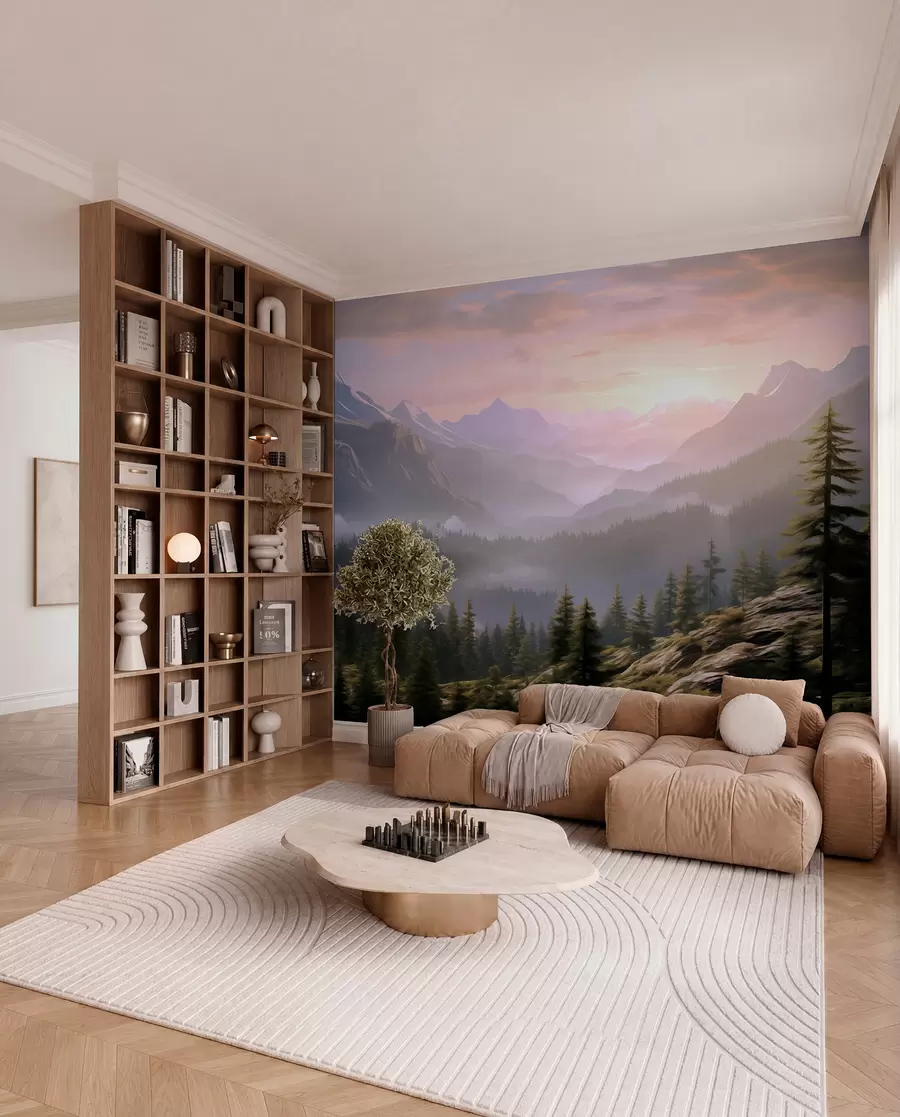 Fototapet Klidná horská krajina za úsvitu s jemnou mlhou na pozadí lesa w08750