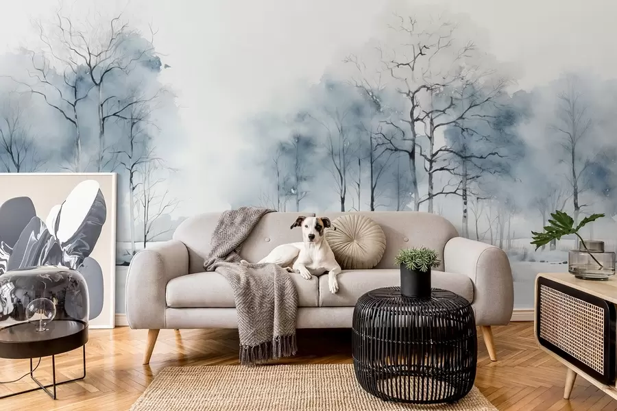 Fototapet Modré stromy v akvarelovém stylu na bílém pozadí w08753