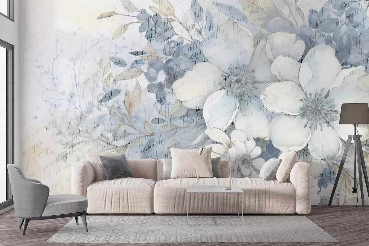 Fototapet Měkká imitace stěny s texturou bílých a modrých květů na světlém pozadí se slabým ručně psaným textem w08771