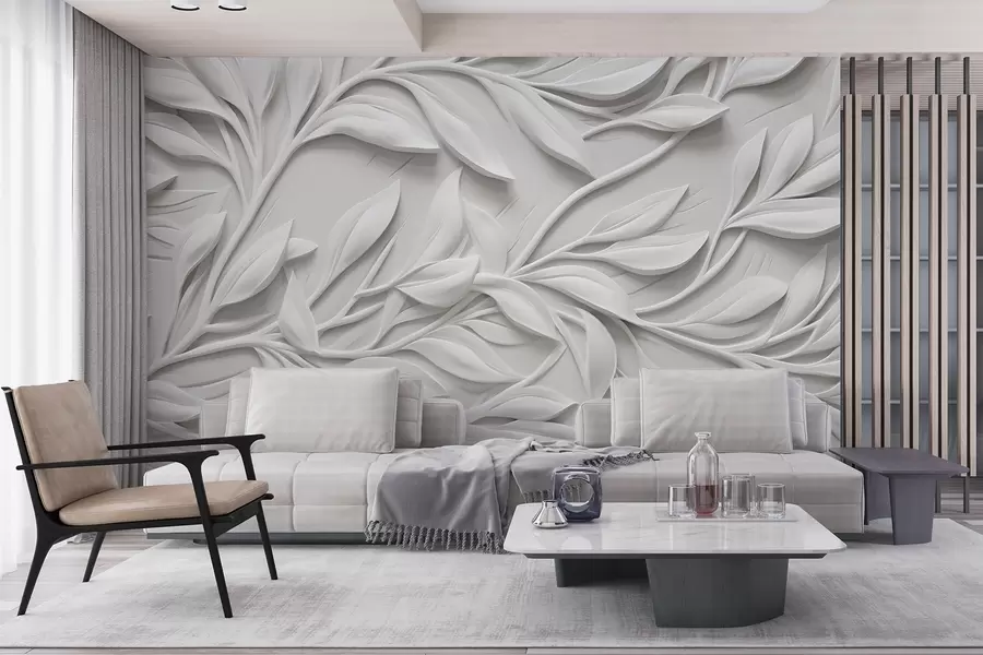 Fototapet Bílý texturovaný potisk s listy a větvemi , který vytváří objemný imitační efekt na texturovaném pozadí w08778