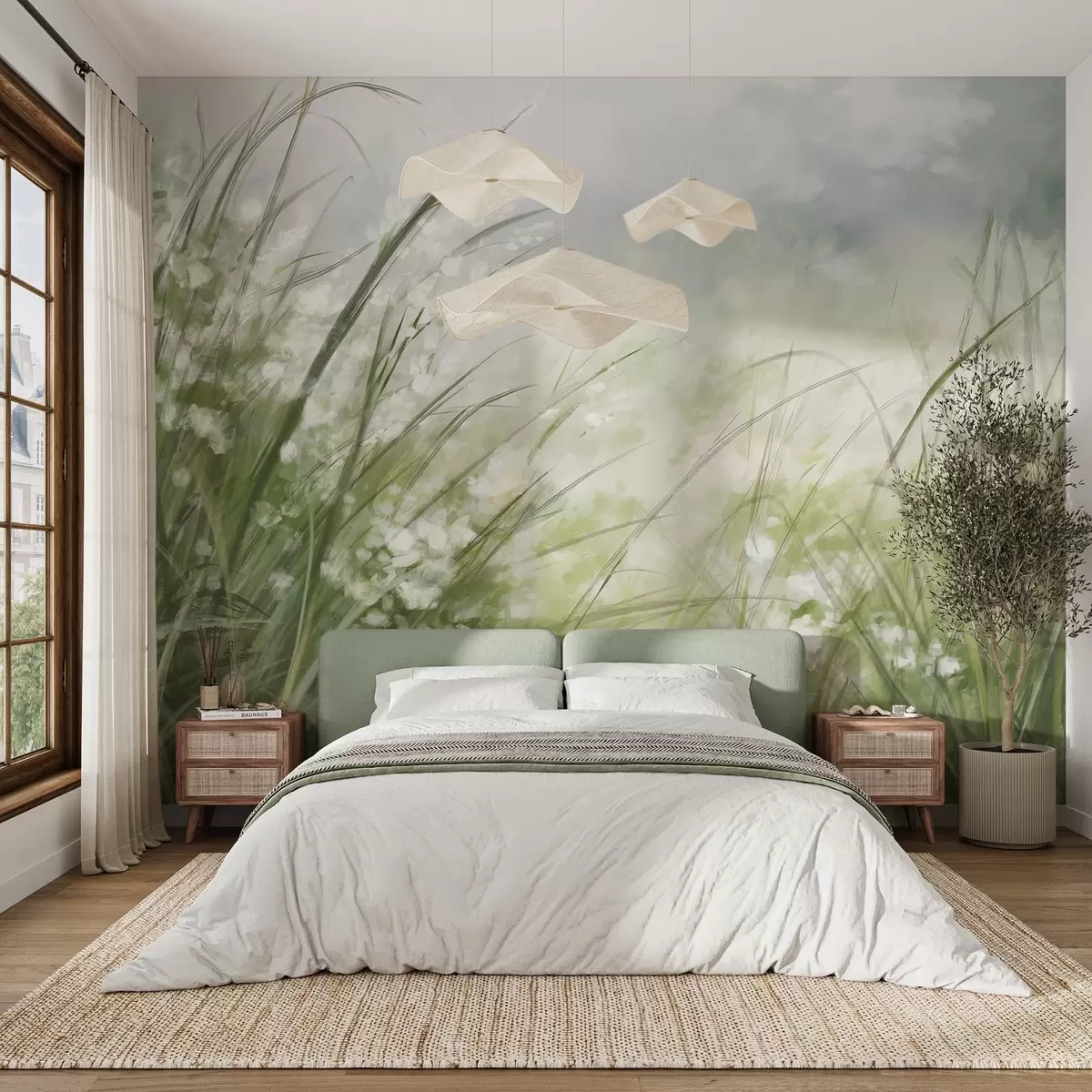 Fototapet Svěží zelená tráva s jemnými bílými květy, jemně rozmazaný potisk se světlými odstíny, který vytváří klidnou krajinu w08779