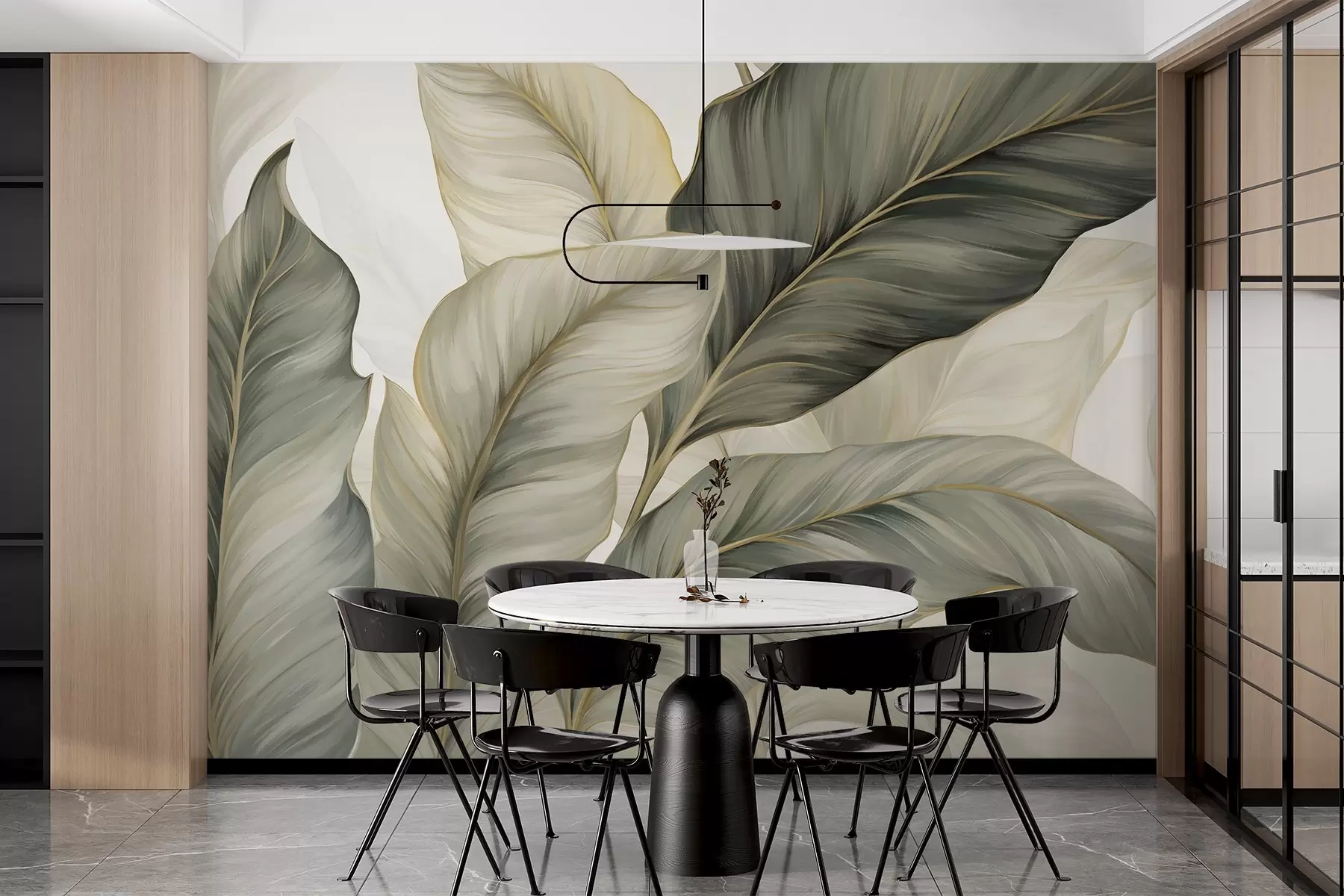 Fototapet Velké, stylizované listy s detailními žilkami v různých odstínech zelené, krémové a béžové w08785