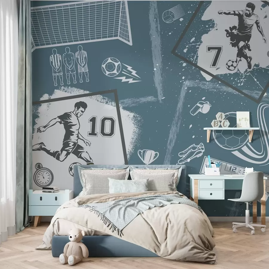 Fototapet Fotbalisté, míč a další fotbalové atributy v modrých tónech w03122