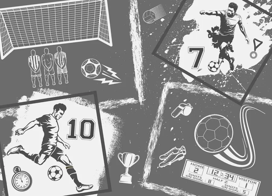 Fototapet Fotbalisté, míč a další fotbalové atributy v šedých tónech w03122v1