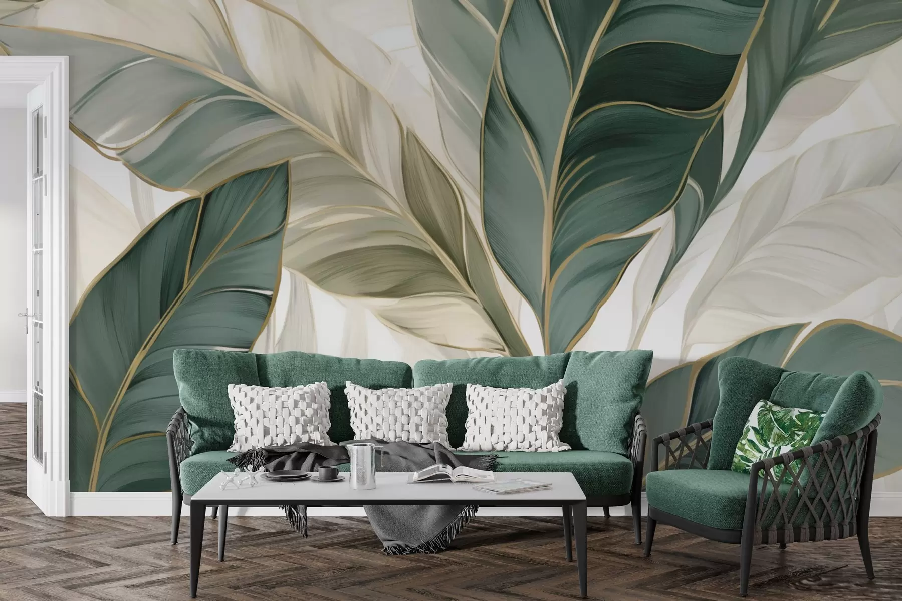 Fototapet Zelené tropické listy na šedém a bílém pozadí w03124