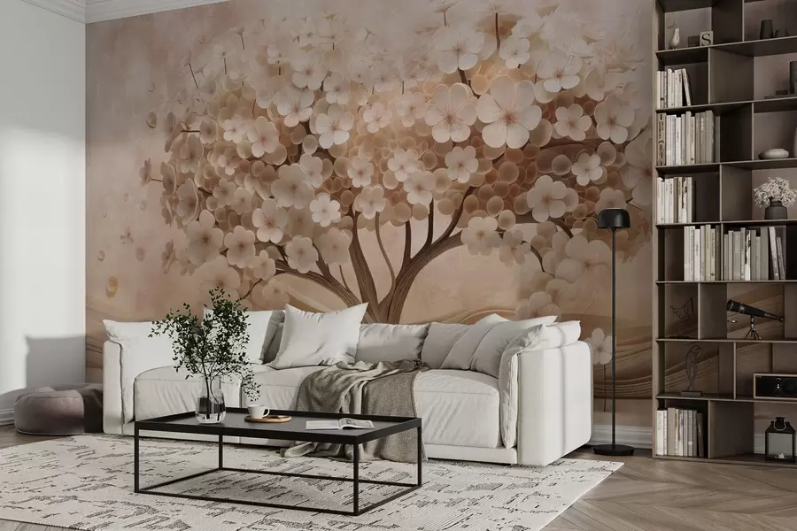 Fototapet Abstraktní strom s malými květy na pozadí staré zdi w08794