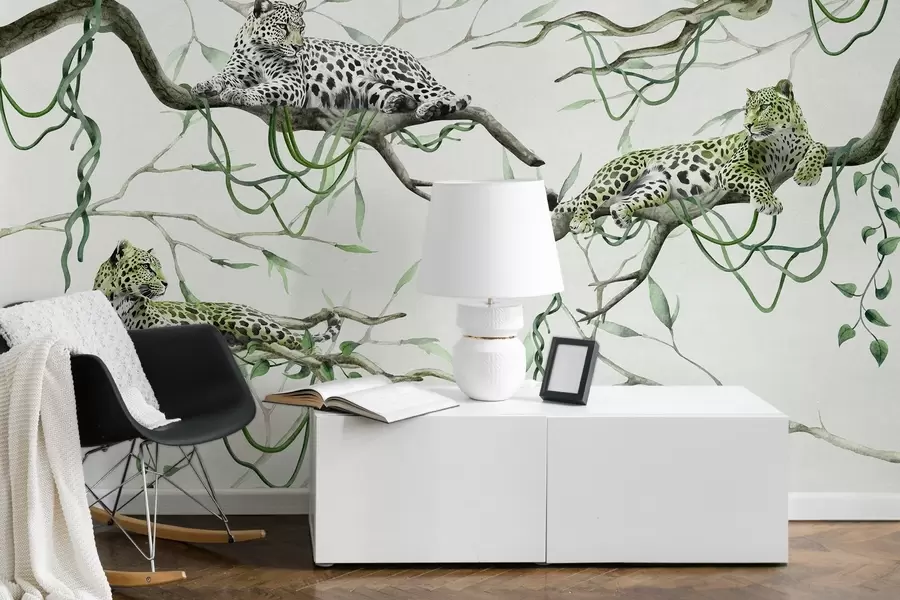 Fototapet Leopardi na stromech džungle, liány, tropické, divoká zvířata, zelená paleta barev w03146v1