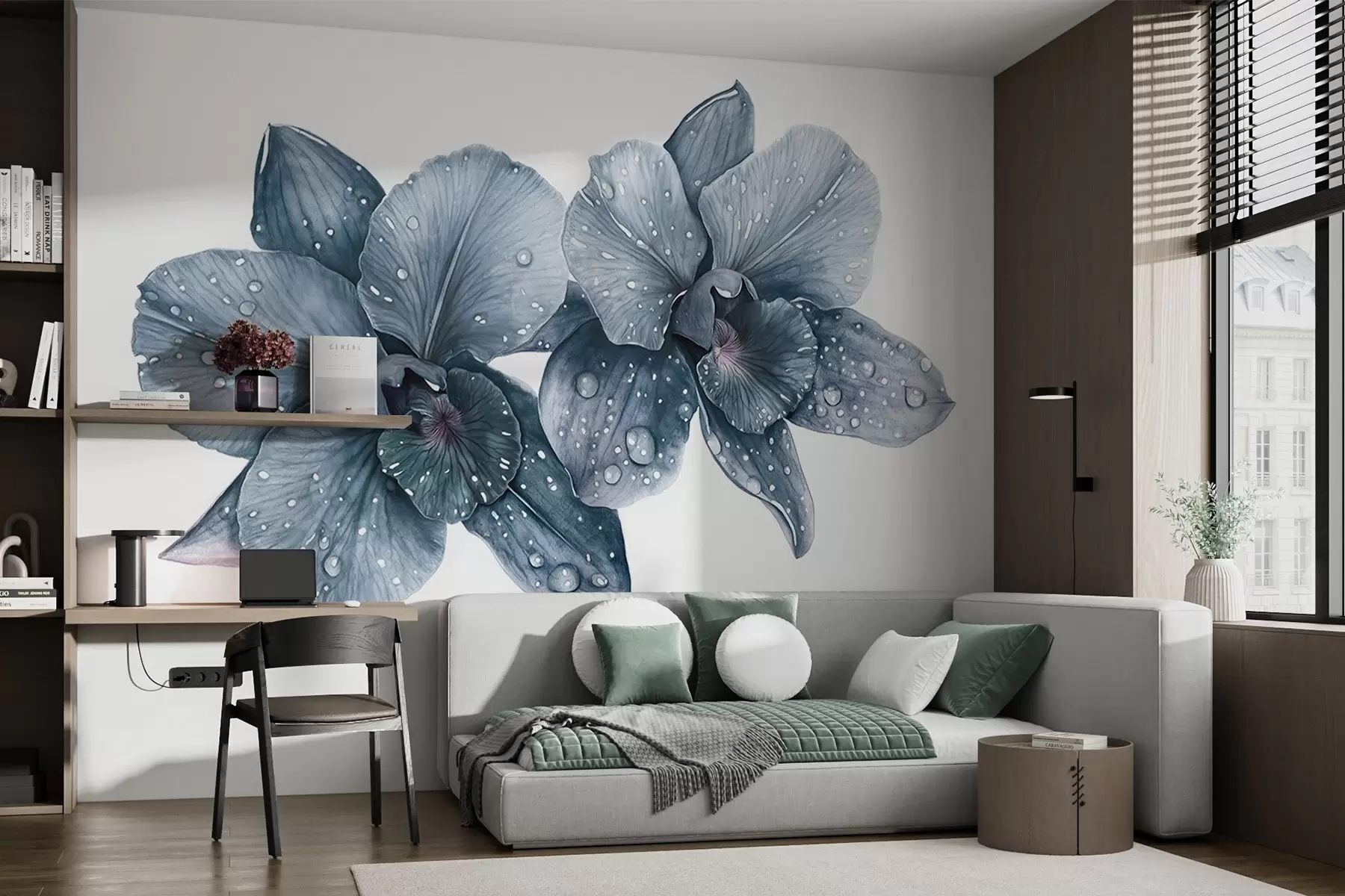 Fototapet Krásné květiny orchidejí, akvarelový styl kresby, modré barvy w03164v2