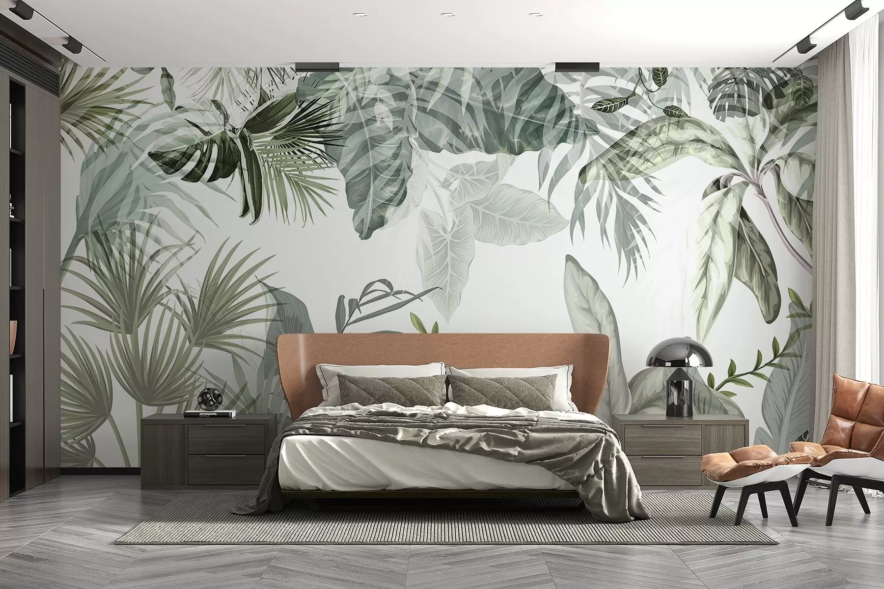 Fototapet Průhledné tropické listy v zelených odstínech na bílém pozadí w08822