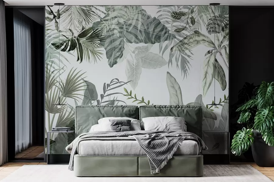 Fototapet Průhledné tropické listy v zelených odstínech na bílém pozadí w08822