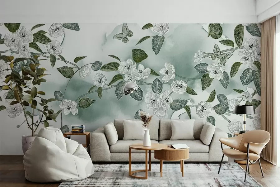 Fototapet Větvička třešňového květu s květy, listy, motýli na světle zeleném akvarelovém texturovaném pozadí w08831