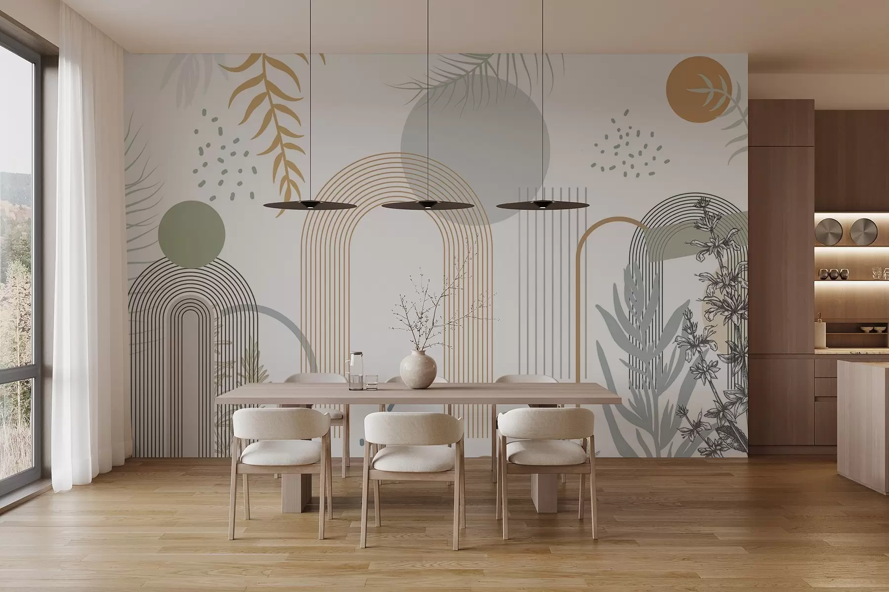 Fototapet Abstraktní potisk s geometrickými tvary, oblouky a tropickými listy na bílém pozadí w08835