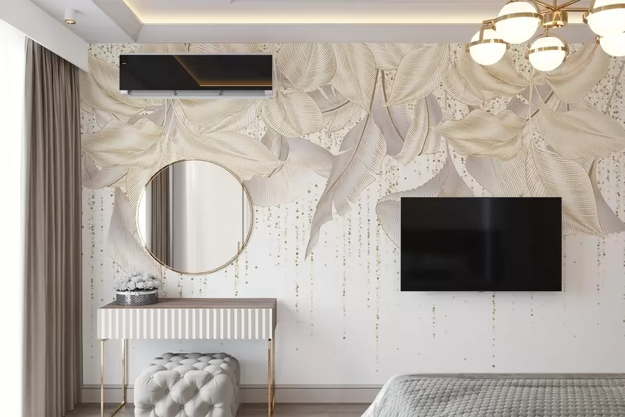 Fototapet Bílé detailní tropické listy a žluté tečky na bílém pozadí w08836