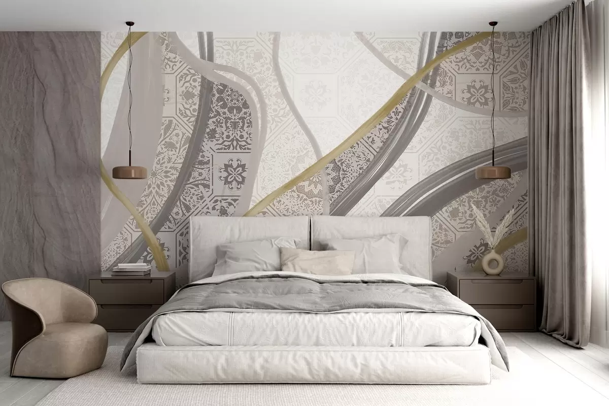 Fototapet Abstraktní malba s geometrickými vzory a zakřivenými liniemi v béžové, šedé a žluté barvě w08837