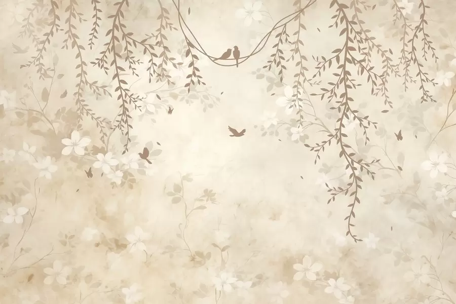 Fototapet Ptáci se závěsnými rostlinami a květinovým vzorem ve světlých béžovo-krémových tónech w08809