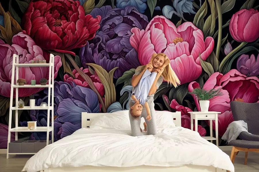 Fototapet Tulipány a pivoňky ve viktoriánském stylu v růžové a fialové barvě w08818
