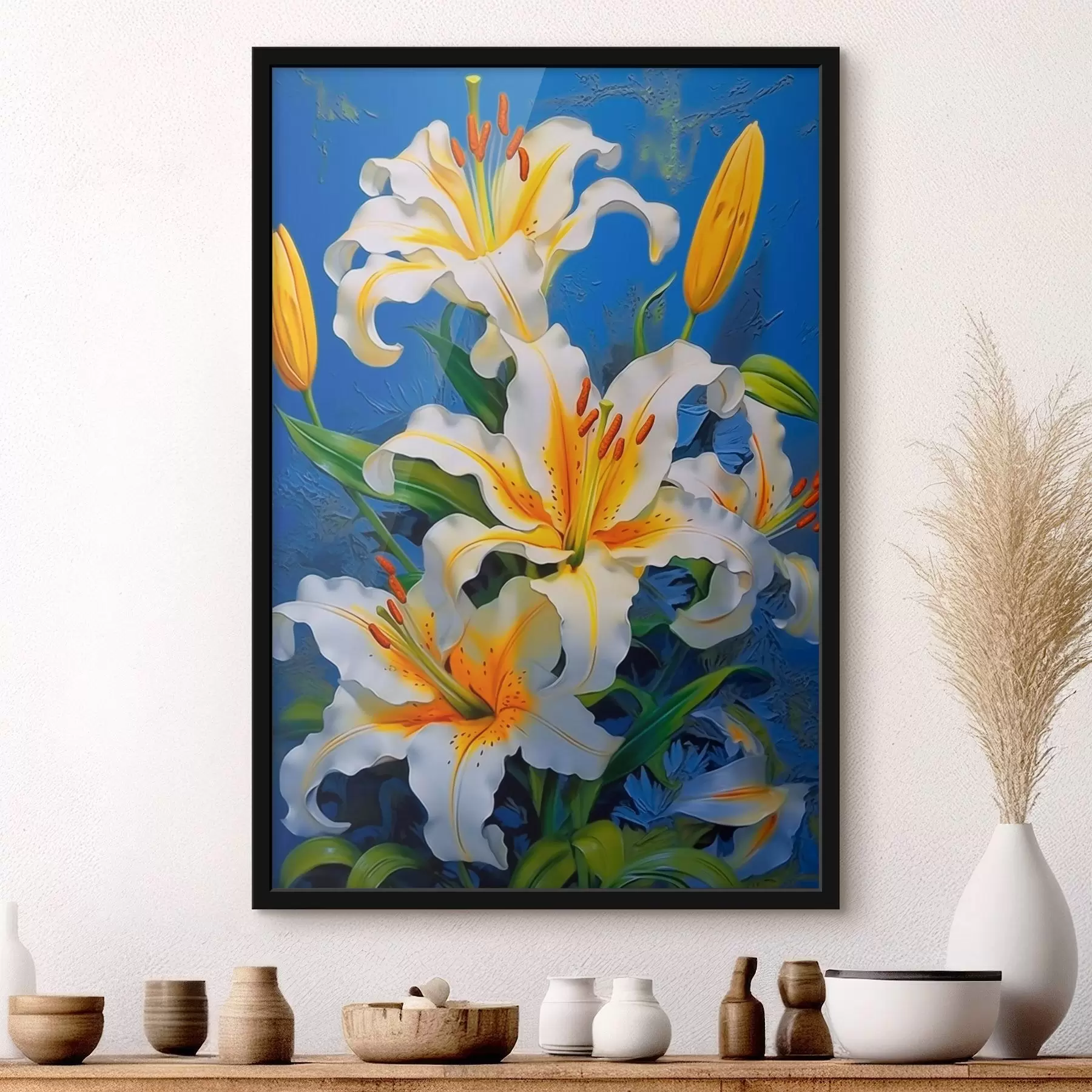 Fototapet Bílé lilie na modrém pozadí f43018