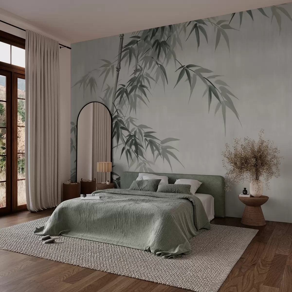 Fototapet Bambusové listy na světle skvrnitém pozadí imitace akvarelu w03178