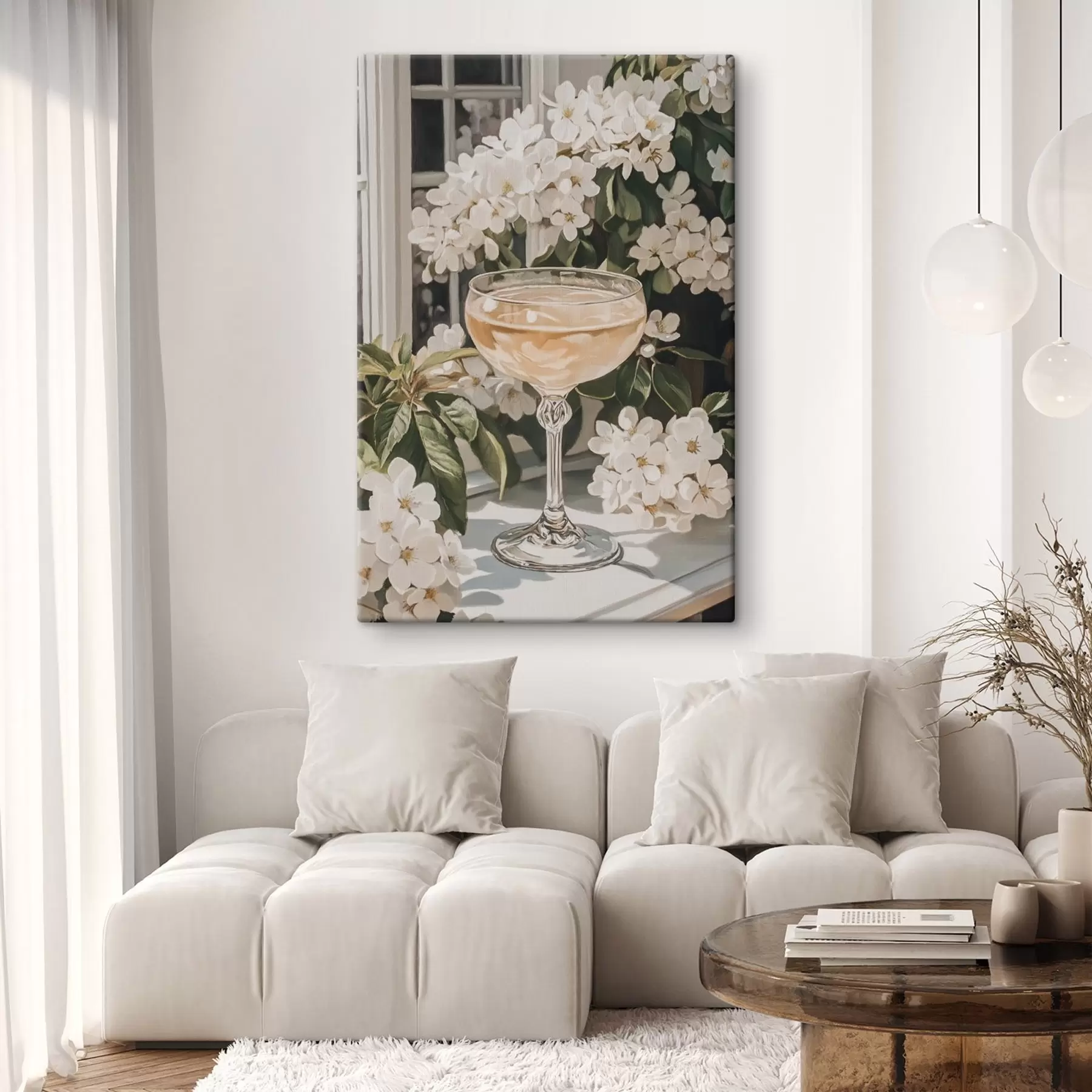 Obraz Sklenice šampaňského, vinobraní, akvarel, bílé květy Č. s43051