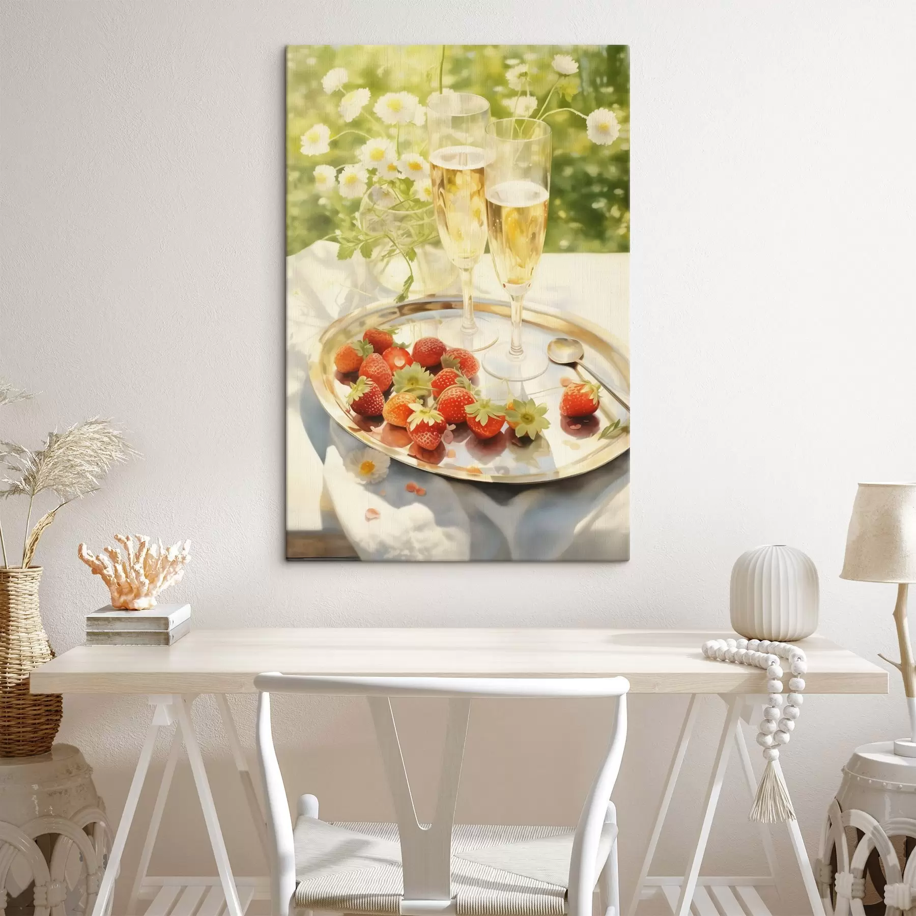 Obraz Skleničky na šampaňské s jahodami na podnose, květy heřmánku, léto Č. s43054