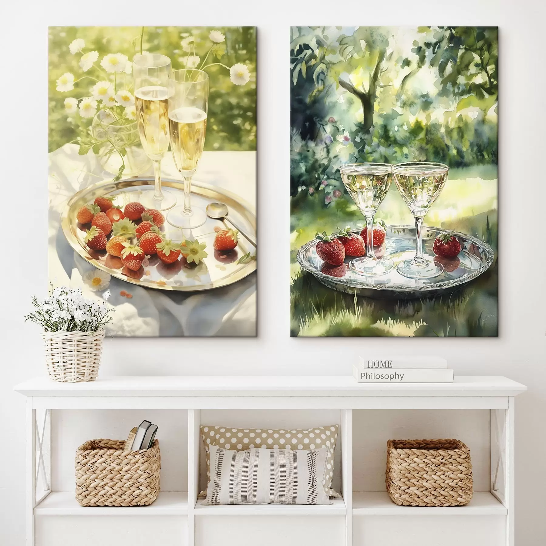 Obraz Letní piknik, sklenice na šampaňské s jahodami na podnose, heřmánkové květy Č. m00414