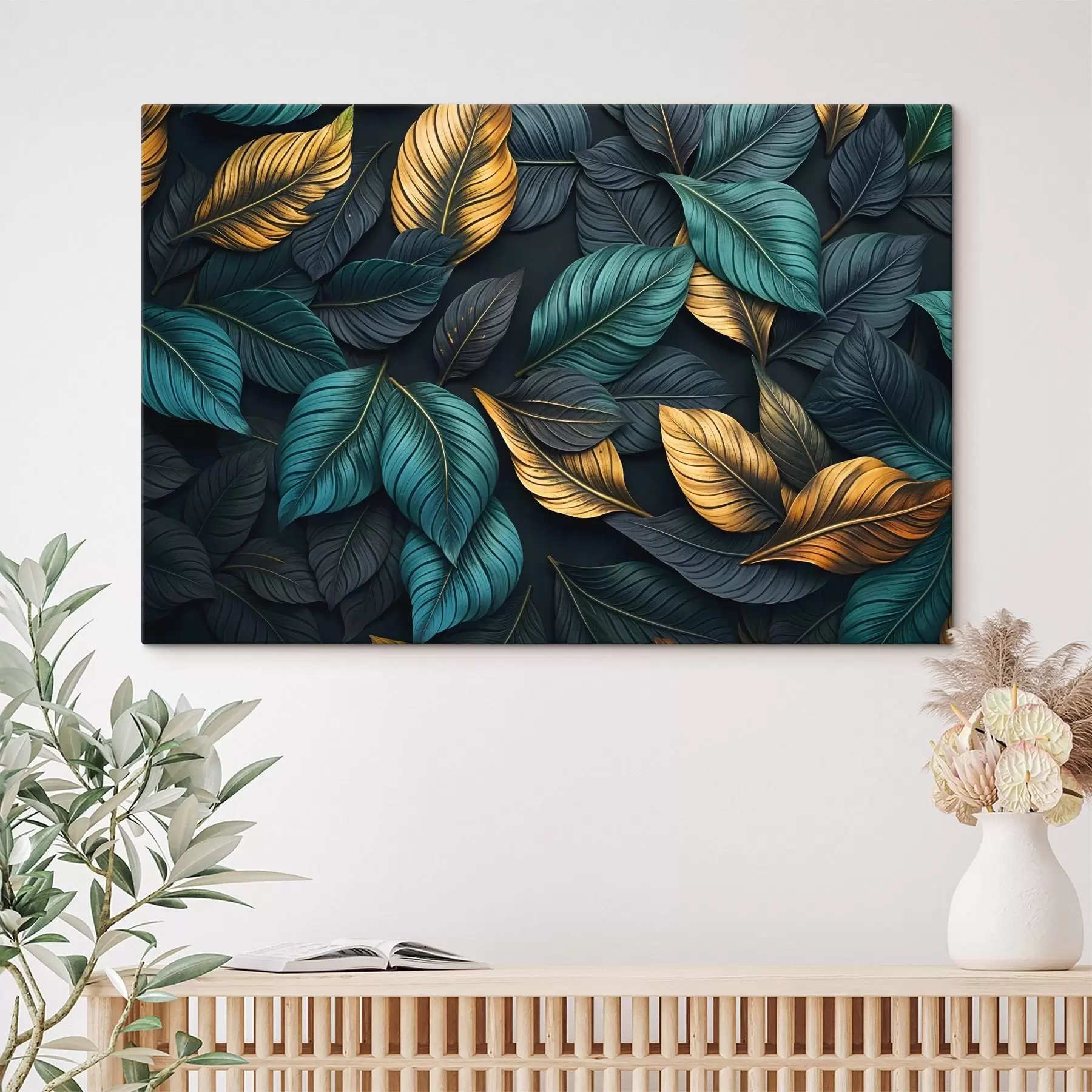 Fototapet Tmavě zelené, žluté a černé listy s tmavými žilkami na tmavém pozadí, elegantní tropická atmosféra s43164