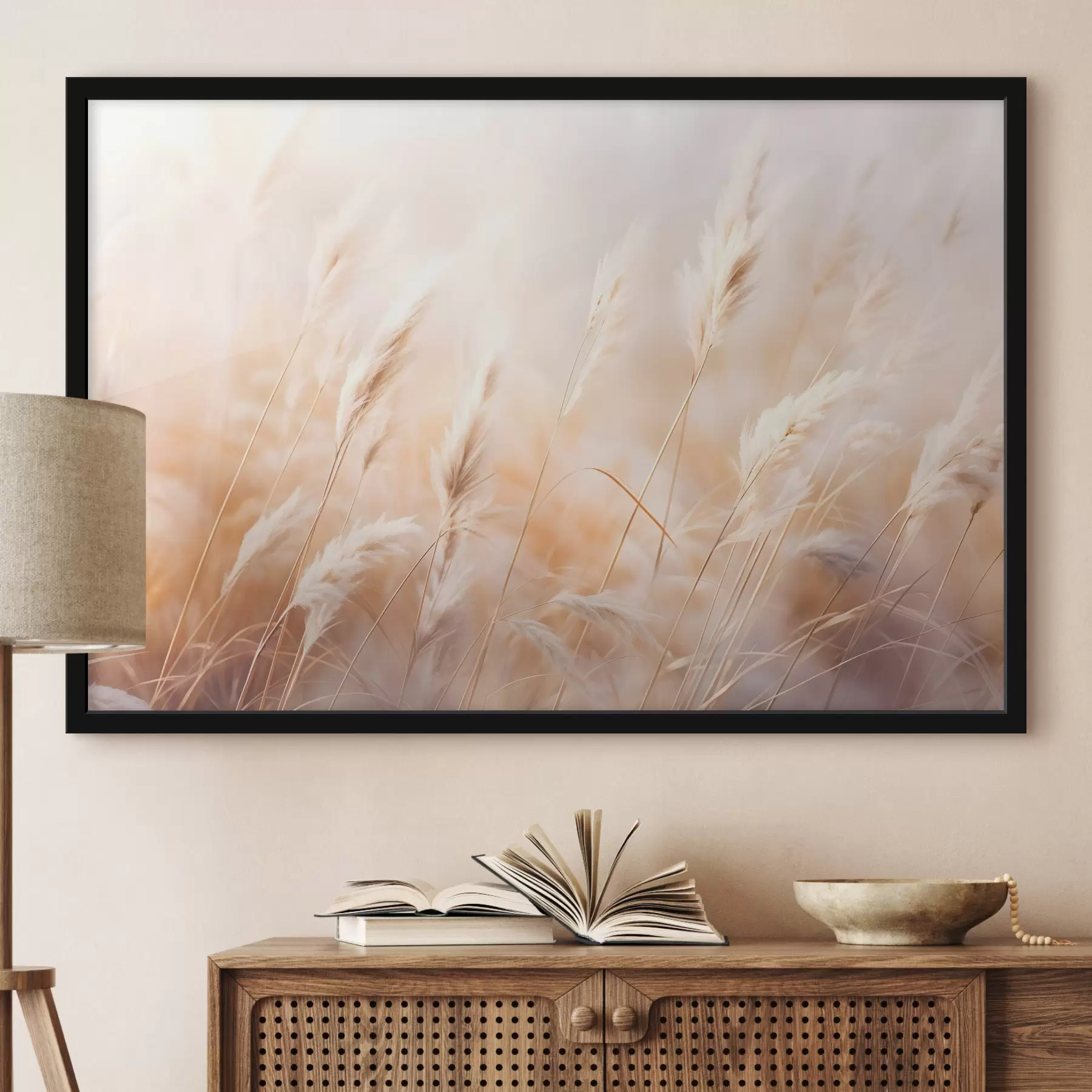 Fototapet Pampová tráva s měkkým, rozptýleným světlem, které vytváří teplé, pozadí je směsí pastelových barev f43157