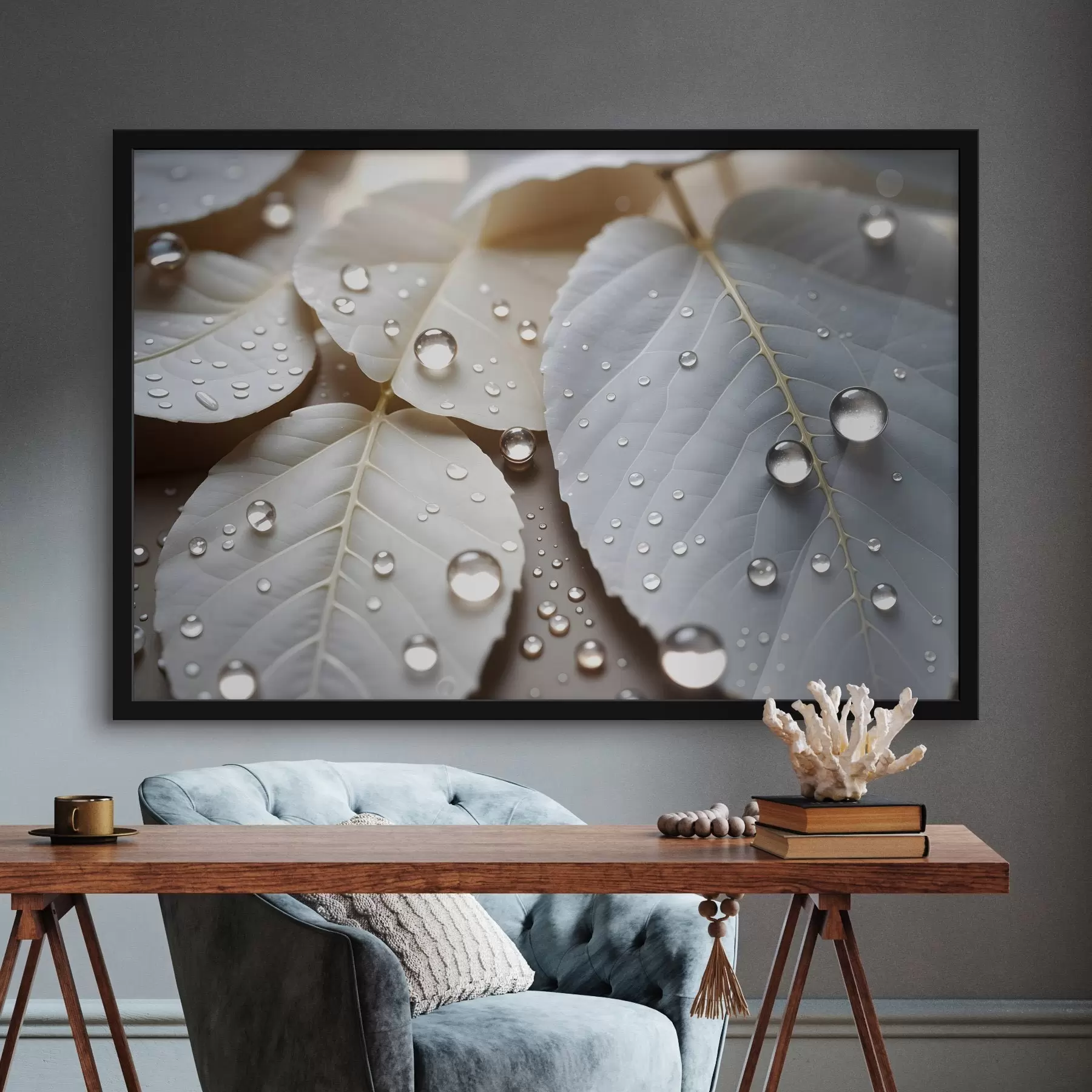 Fototapet Detailní záběr na bílé listy pokryté kapkami vody, minimalistická kompozice, neutrální pozadí f43159