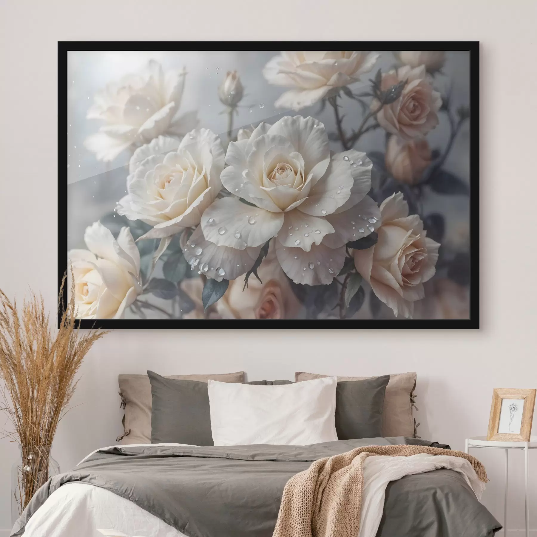 Fototapet Skupina bílých růží s kapkami vody na okvětních lístcích, zelené listy, tlumené pozadí, měkké světlo f43163