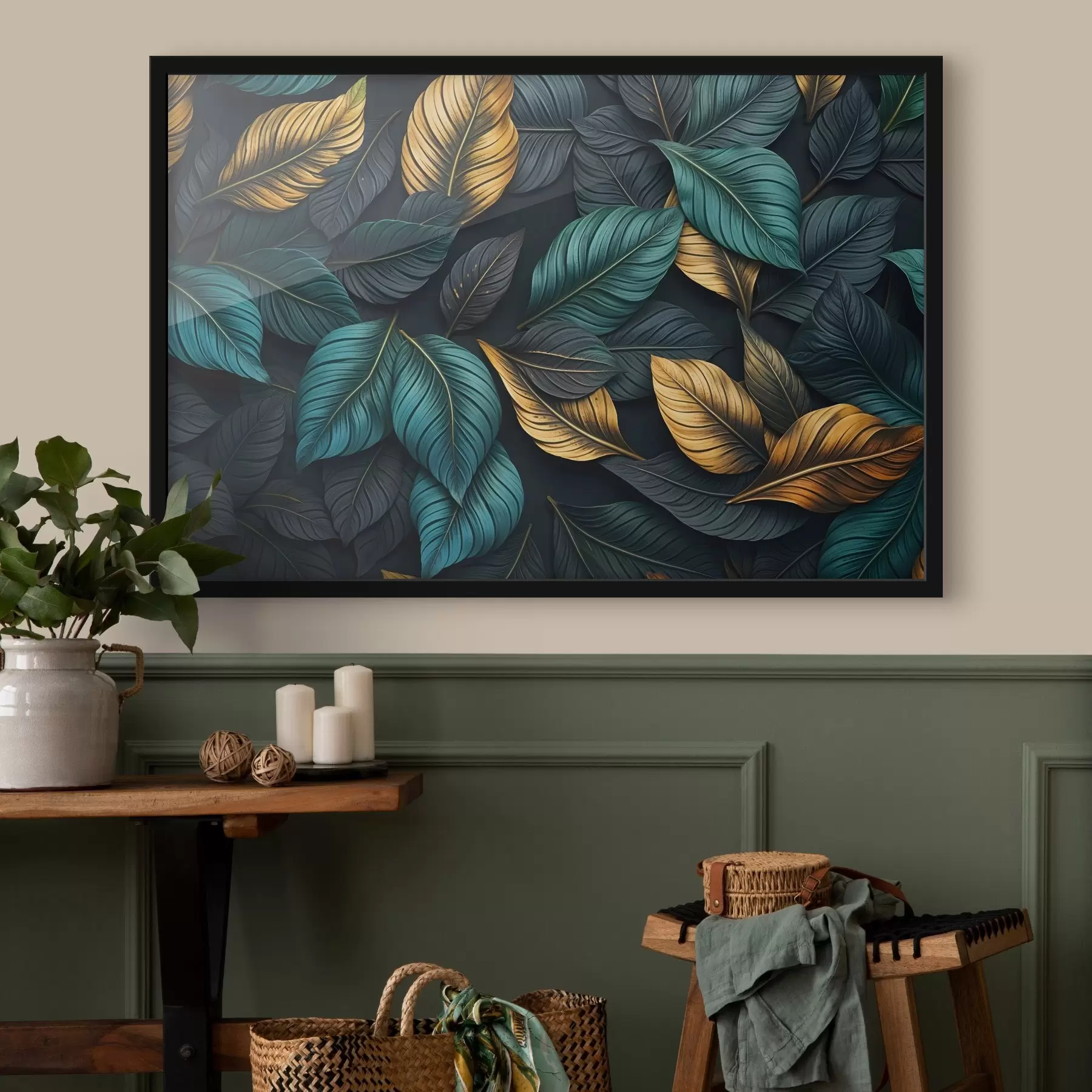 Fototapet Tmavě zelené, žluté a černé listy s tmavými žilkami na tmavém pozadí, elegantní tropická atmosféra f43164