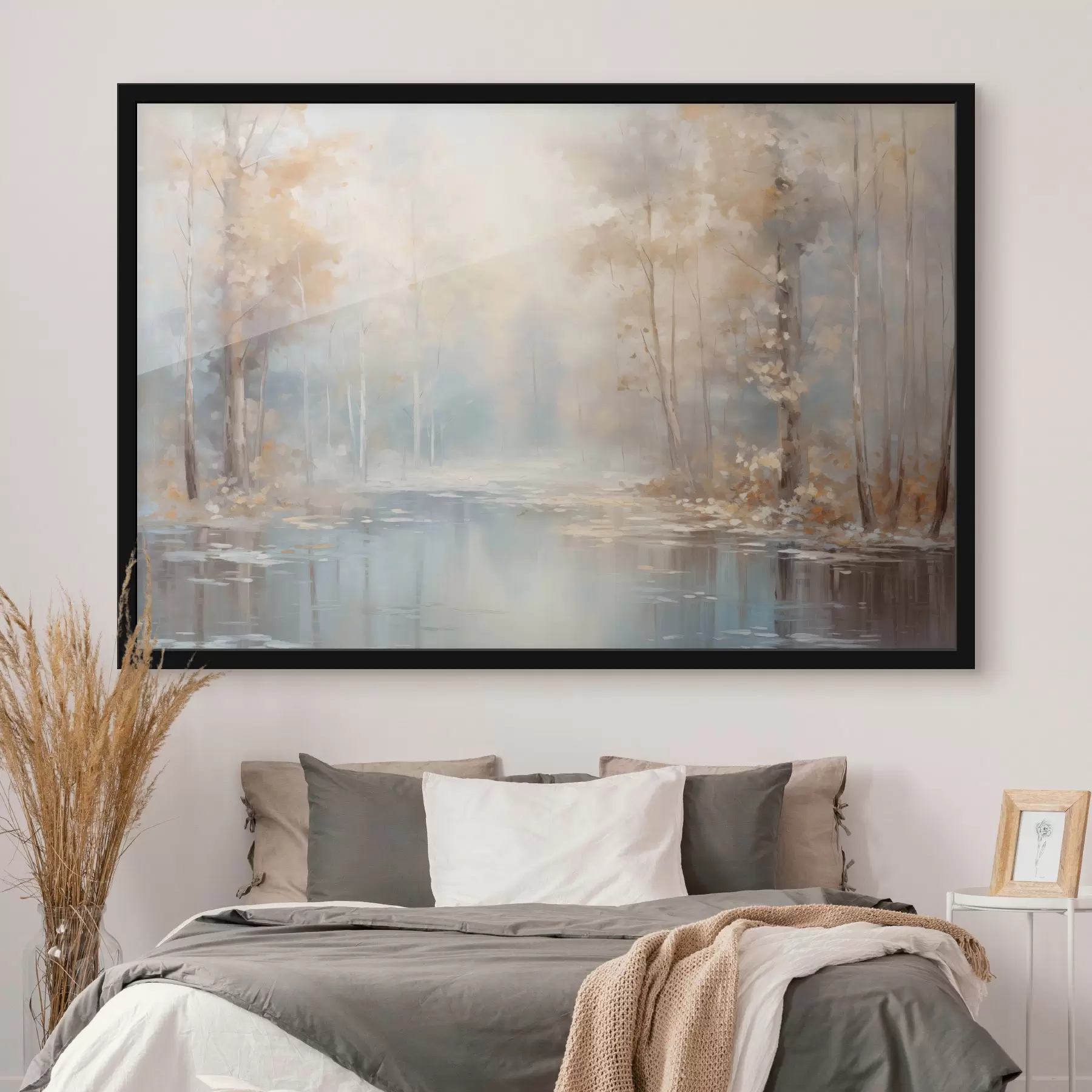 Fototapet Krajina olejomalba imitace klidné řeky odrážející měkké světlo, obklopená podzimními stromy f43167