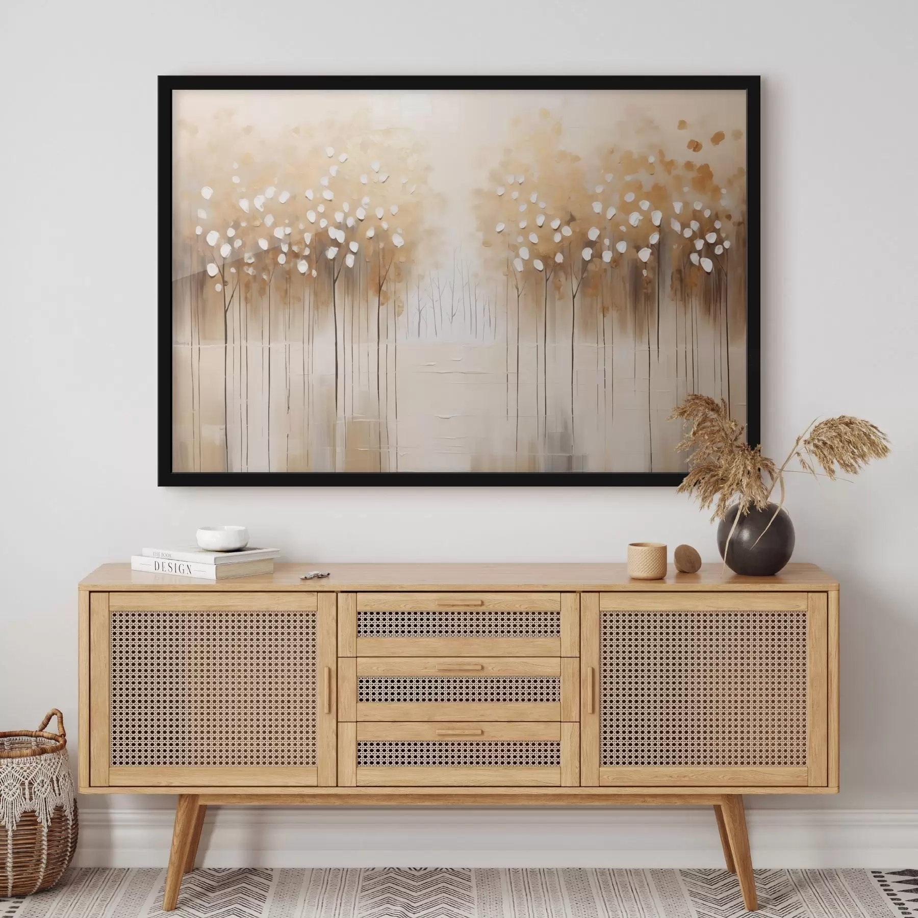 Fototapet Olejomalba imitující hnědé stromy s bílými listy v lese s řekou uprostřed, bílé pozadí f43172