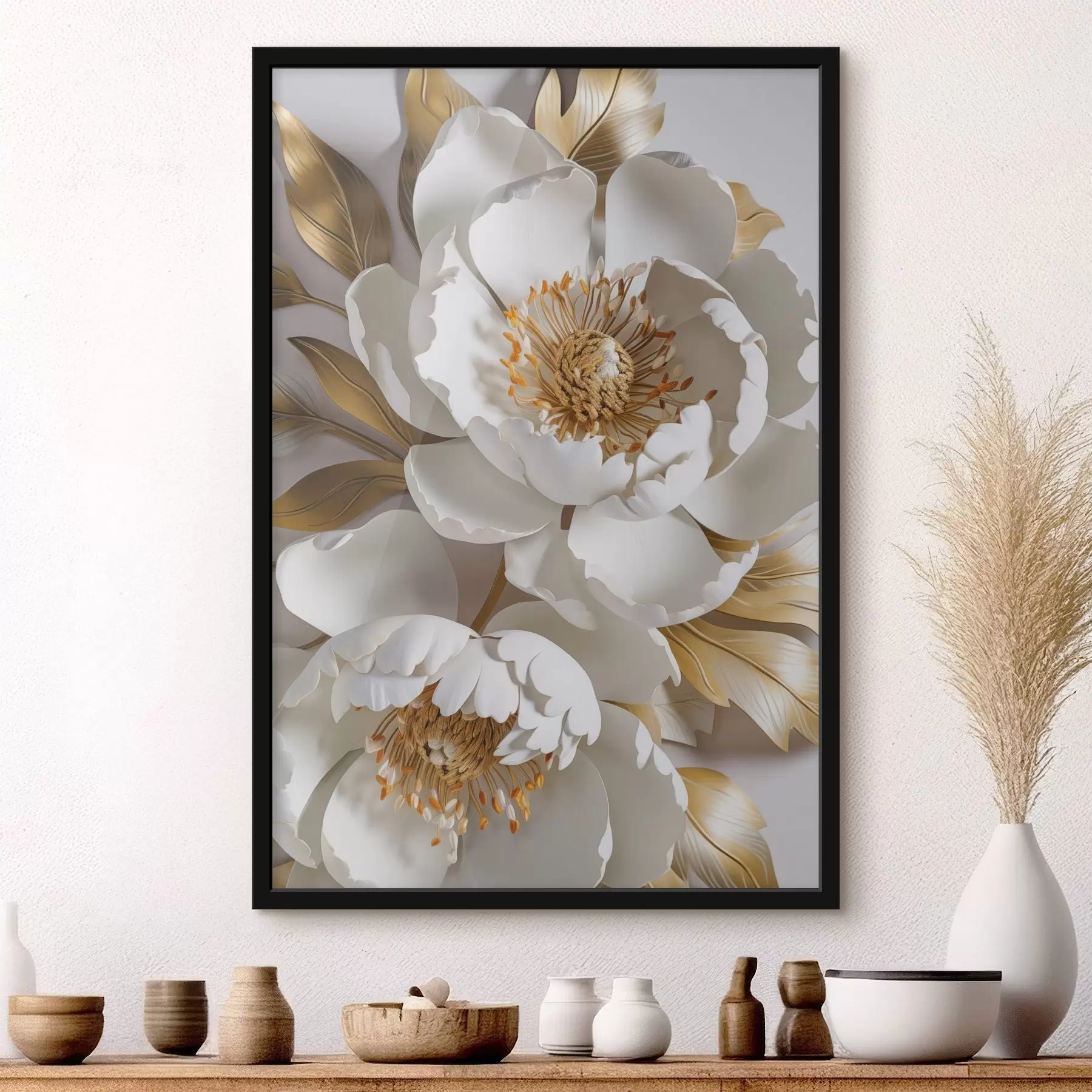 Obraz Bílé jemné detailní dekorativní květy pivoněk se žlutými listy, pozadí je světle šedé barvy Č. f43176